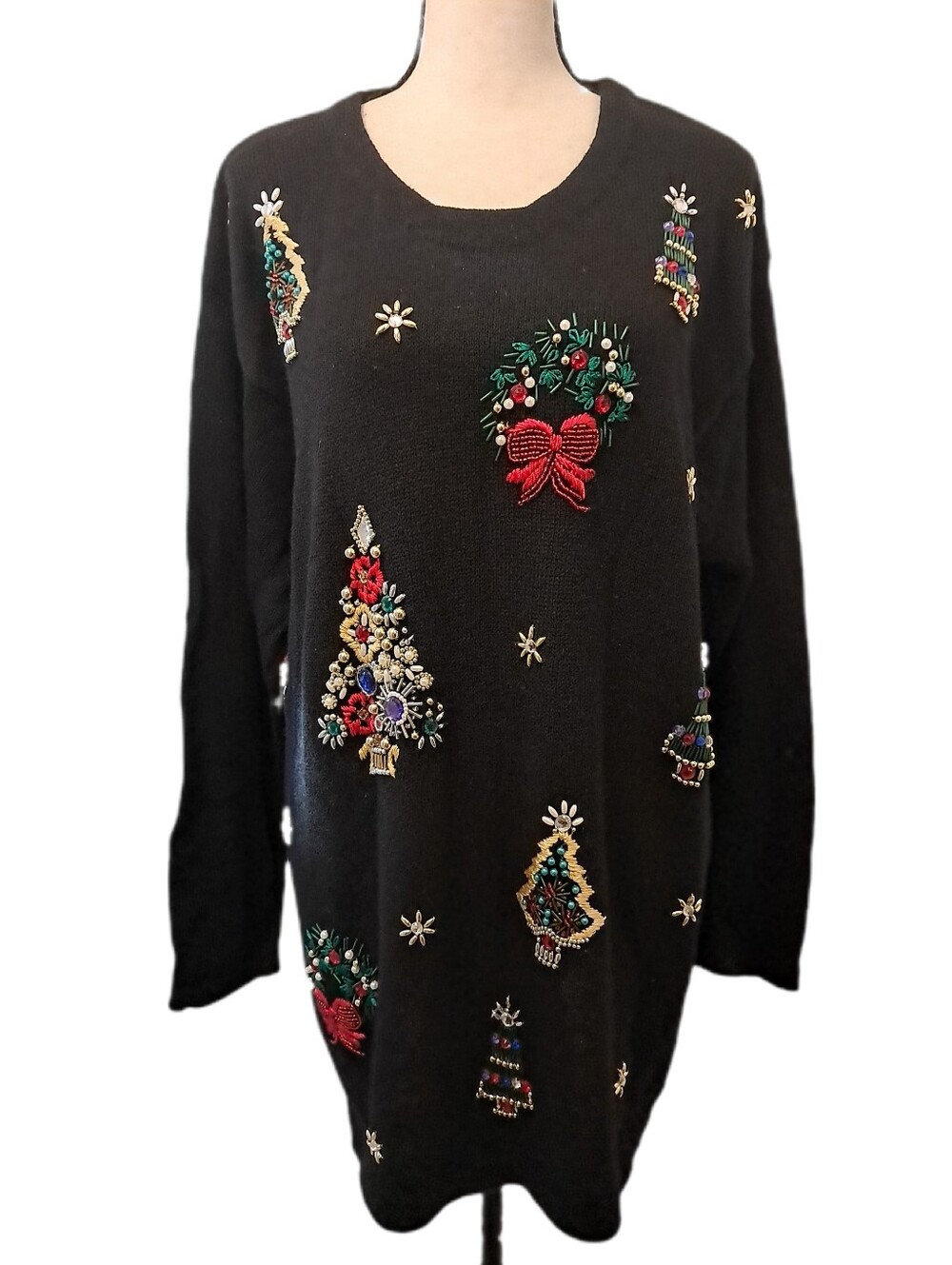 Vintage Peter Valentine Black Cotton Christmas Embroidered Beaded Sweater 1X